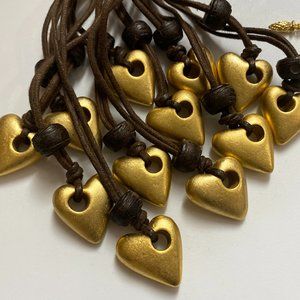 12 pcs, Brown Cord Necklaces with Golden Antiqued Style Heart-Shaped Pendant